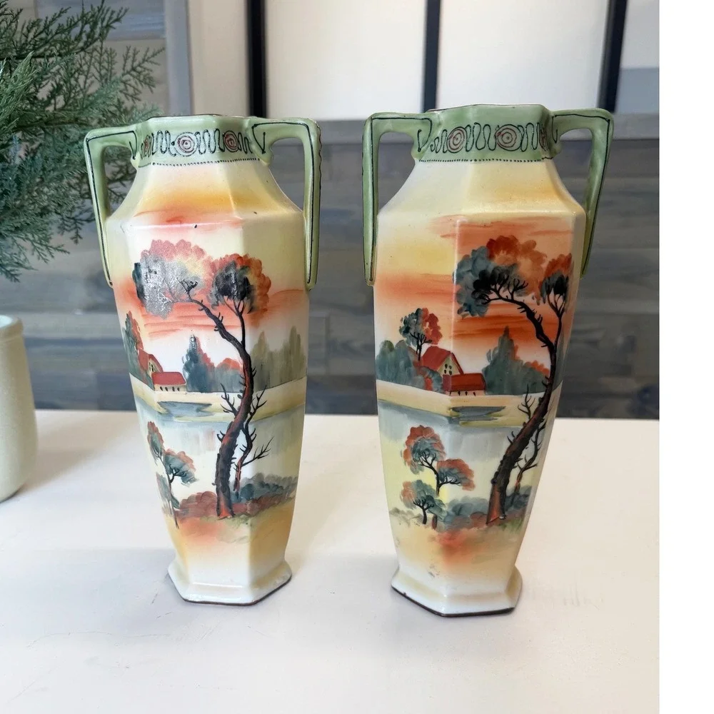 Antique Nippon Hand Painted Landscape Vases Moriage Gilt Porcelain Pair 9.5